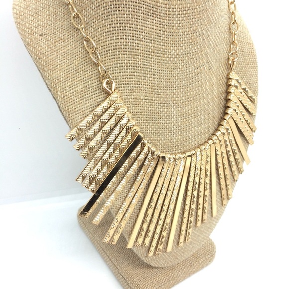 3/$30 GOLD TONE FAN FRINGE TRIBAL BOHEMIAN BIB NECKLACE STARBURST STATEMENT - Picture 5 of 14